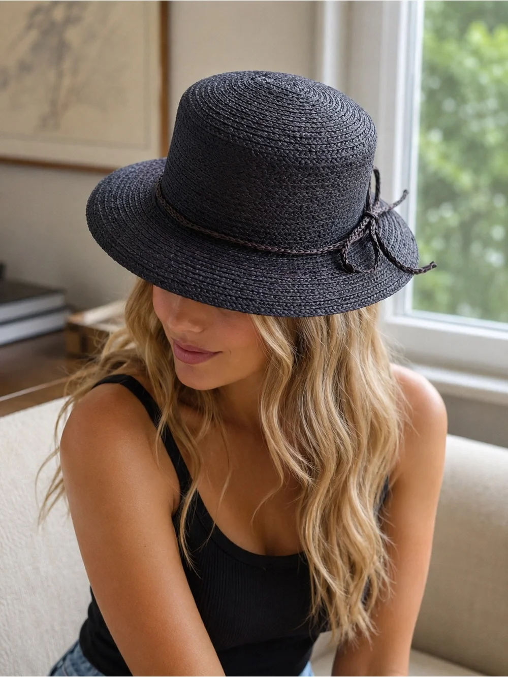 Vintage Classic navy blue Straw Sun Hat with Braided Trim